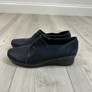 Clarks Cloudsteppers Women's Caddell Dash Wedge Pump Navy Blue 10M Slip On Shoes